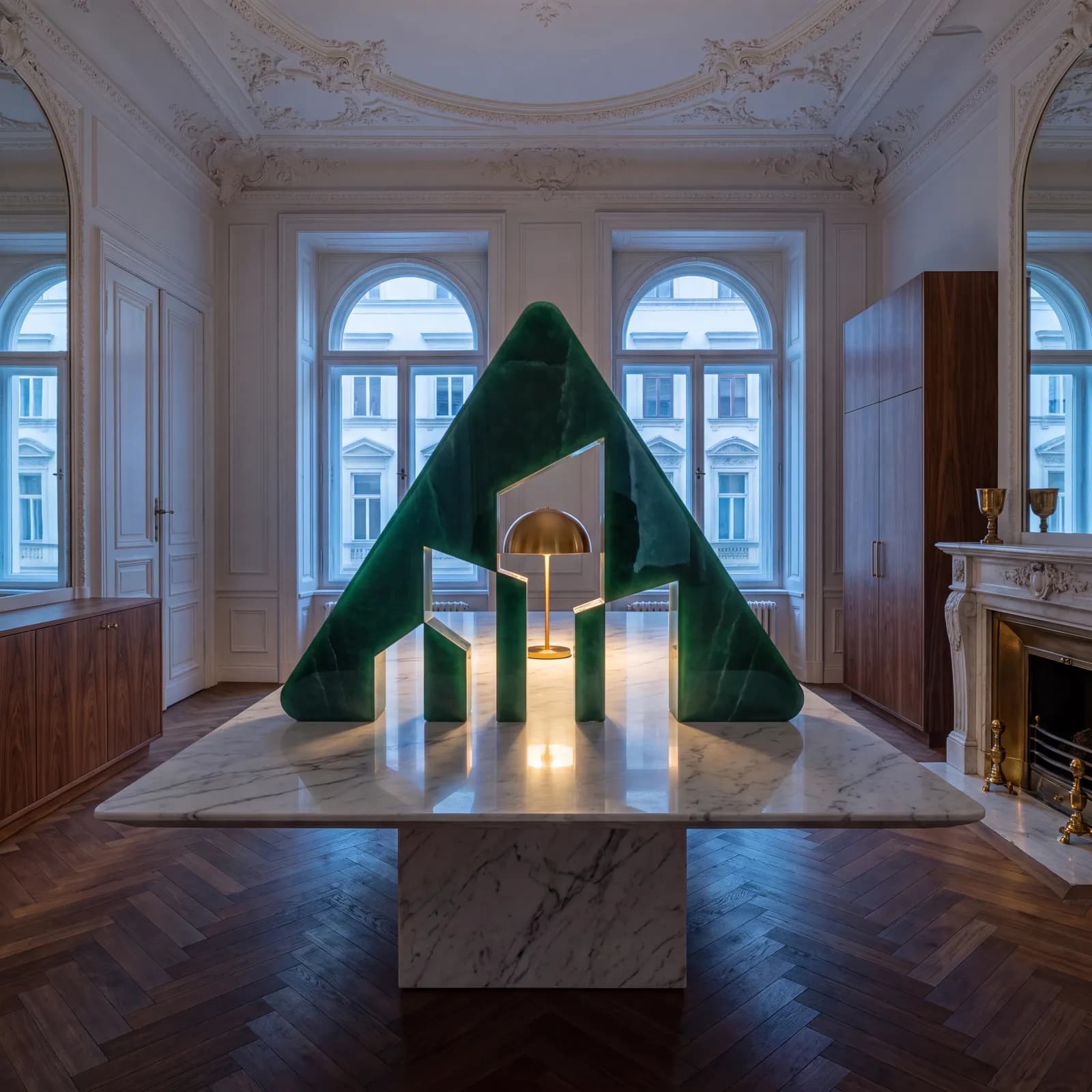 A jade sculpture of the Revide emblem in a restored Viennese salon, a brass lamp glowing within it