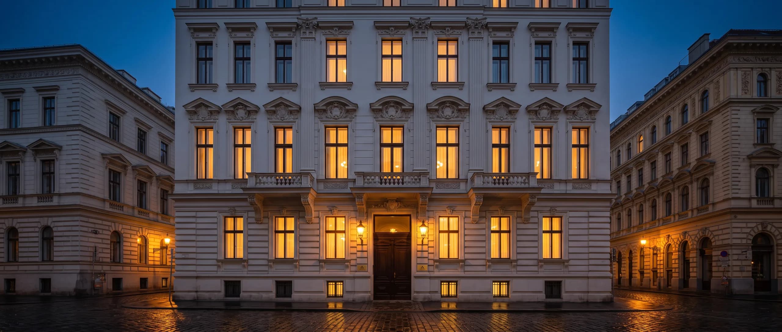A restored Gründerzeit facade in Vienna at blue hour, its windows glowing warm gold
